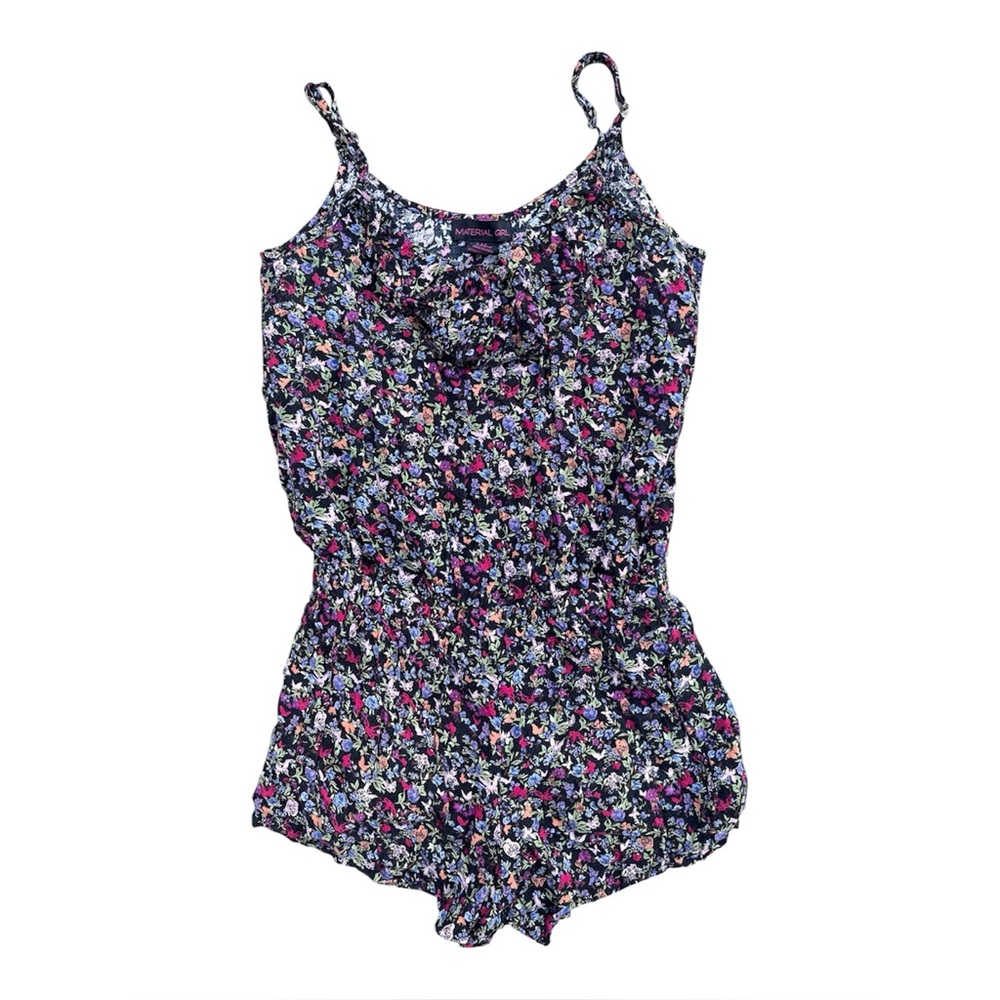 Floral Ruffled Romper From Material Girl Black Stretchy & Adjustable Sz M